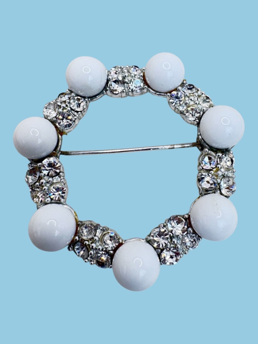 Vintage Marvella Milk Glass and Rhinestone Wreath Brooch Pin in Silvertone
